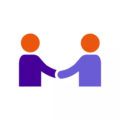 An icon of two people shaking hands in Centrepoint brand colours, purple and orange