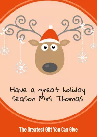 a reindeer with snowflakes hanging from his spiral antlers with personalised text underneath