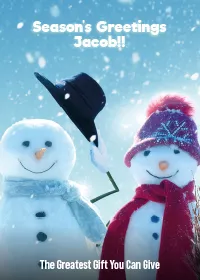 two snowmen dressed up and smiling against a snowy background, one raising their hat, with personalised text above