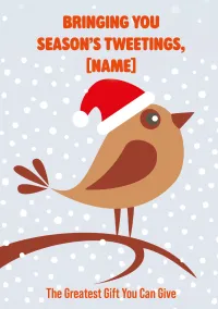 Bringing you Season's Tweetings, name! A cute robin with a Santa hat sits on a branch.