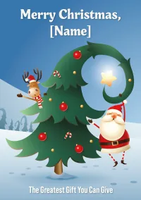 Merry Christmas, Name. Santa and a reindeer wave joyfully around a Christmas tree outside on a snowy winter night.