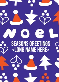 A card design with a purple background and a repeated pattern of illustrated santa hats, christmas trees and mistletoe in orange and white. Bubble text in the middle says 'Noel', and underneath is a space for a custom message.