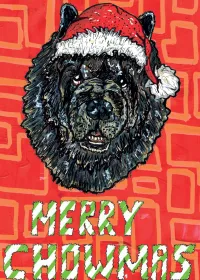 A card design with an illustration of a Chow Chow dog wearing a Santa hat, set against a red patterned background. The text underneath says 'Merry Chowmas' in white and green candy cane stripes.