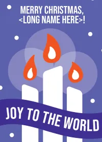A card design in light purple, white and orange, with an illustration of three festive candles. A banner of text at the bottom reads 'Joy to the world'. At the top, there's space for a custom Christmas message.