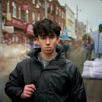 Young man walking along the street 