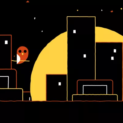 Graphic of skyscrapers, moon and an owl