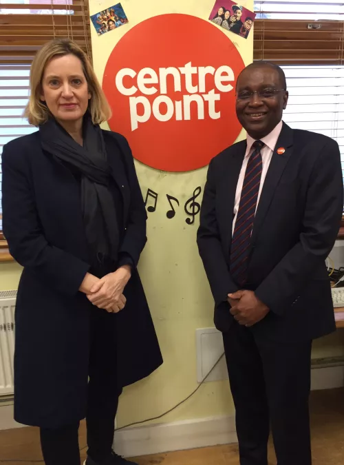 A photograph of Amber Rudd, Secretary of State for Work and Pensions, with Seyi Obakin, CEO of Centrepoint, at one of our services in South London.