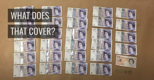 A video thumnail for a YouTube video where £574 is shown in £20 notes with the caption 'what does that cover?'