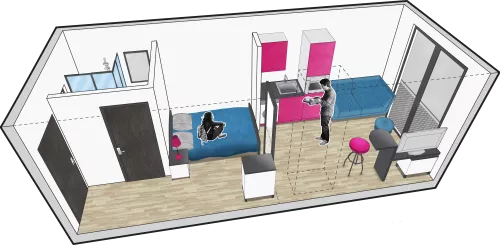 Graphic image of Centrepoint modular design home, showing a rectangle with a bedrom, a small kitchen and a small bathroom