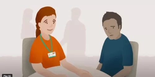 Graphic image of a Centrepoint worker talking to a young person at a table