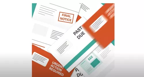 Video thumbnail of graphic image showing a collection of letters piling up with notices such as 'Past Due', 'Urgent Action Required' and 'Final Notice' written on the envelopes and letters.
