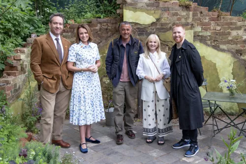 Keeley Hawes, Matthew Macfadyen, Neil Jones, Lisa Maxwell and Vicky Pattison stand in the Centrepoint Garden wearing stylish summer outfits