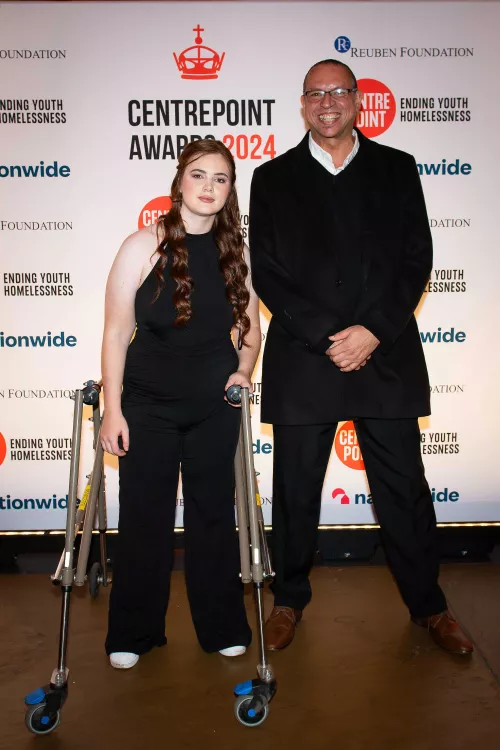 Young person with walking frame with her key worker at the Centrepoint Awards 2024