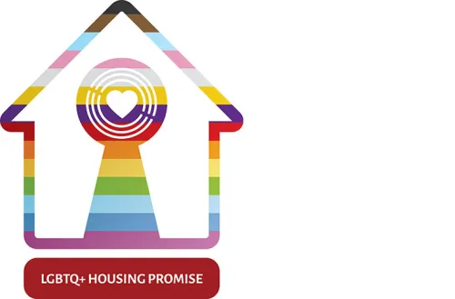 A house-shaped symbol with rainbow colours forming a keyhole in the centre and the  text "LGBTQ+ Housing Pioneer +" below it.