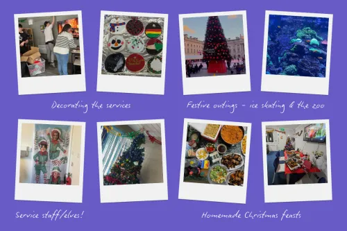 A collection of images of Christmas at Centrepoint - decorating, arts and craft, festive meals, ice skating excursions, Christmas trees and staff dressed as elves.