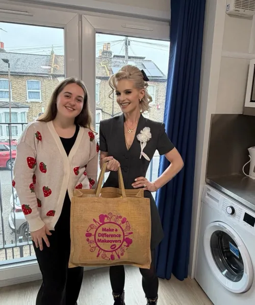 Kelly Osbourne shares a Make a Difference Makeover gift bag with Ellie in Reuben House