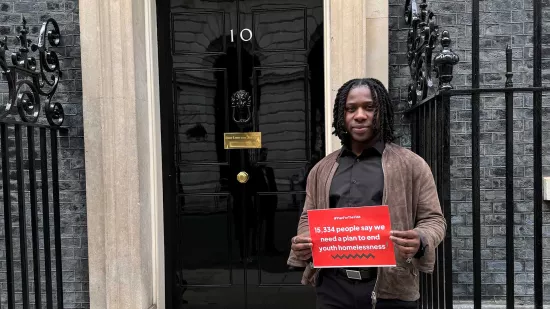 Former Centrepoint Independent Living resident, Andrew, pictured campaigning at 10 Downing Street