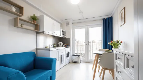 A modern three‑storey housing block with open walkways and metal railings surrounding a central courtyard filled with plants and benches. 