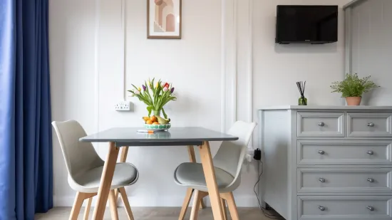 Room with a table and two chairs, flowers are on the table. To the right is a chest of drawers with a small TV on the wall above