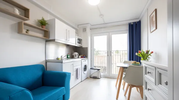 Living room with blue chair, kitchen and small table