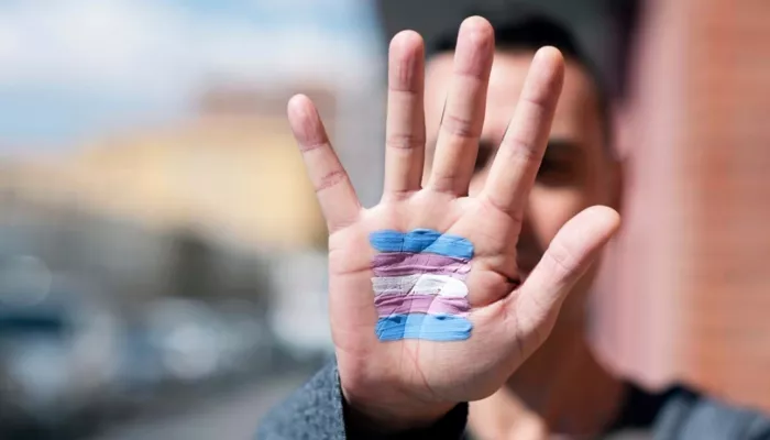 Photograph shows a person extending their hand towards the camera with a trans flag painted on their palm.