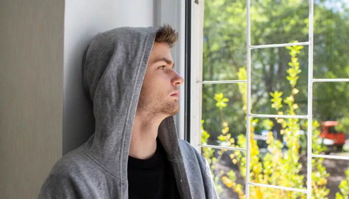Young person wearing grey hoodie gazes out of a window