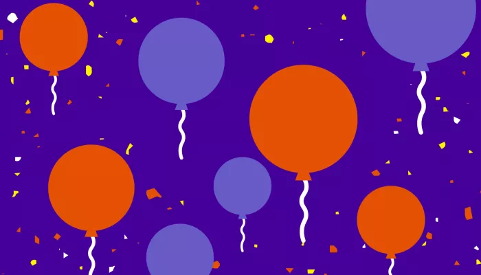 A dark purple background with illustrated balloons in light purple and orange, Centrepoint branded colours