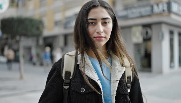 A young woman looks nervous on the street.