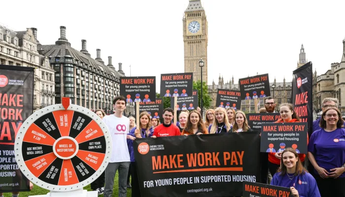 Centrepoint and supporters campaign in Parliament Square to Make Work Pay for young people affected by homelessness and the benefits trap