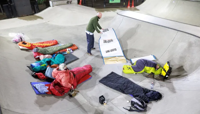 Manchester Sleep Out participants bed set up 2026