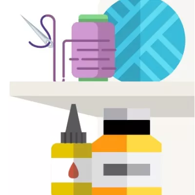 Graphic image of crafting items - sewing thread, scissors and paints