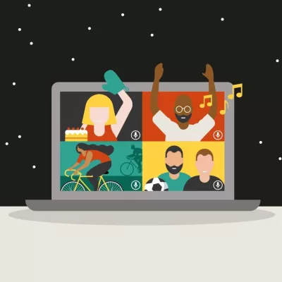Graphic image of the Centrepoint Stay Up logo, featuring an open laptop in the foreground with graphic images of people singing and cycling. There is a starry night sky in the background.