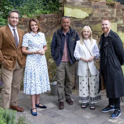 Keeley Hawes, Matthew Macfadyen, Neil Jones, Lisa Maxwell and Vicky Pattison stand in the Centrepoint Garden wearing stylish summer outfits