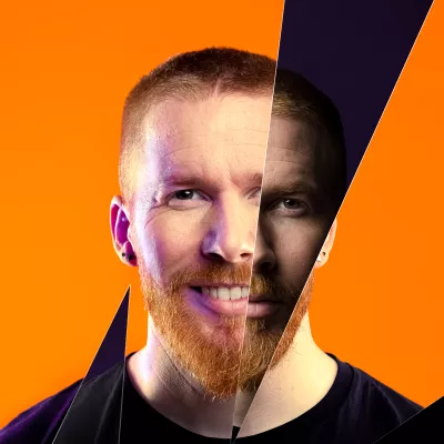 An abstract portrait of Neil Jones, merging photos of him brightly lit vs dark and shadowed to convey a 'before and after' message about homelessness.