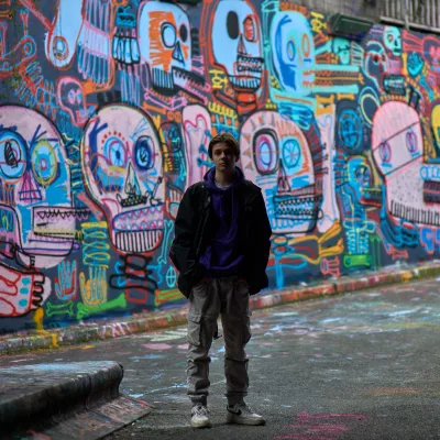 Young person standing outside in front of a colourful graffitied wall