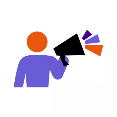 An icon of a person holding a megaphone in Centrepoint colours - purple and orange