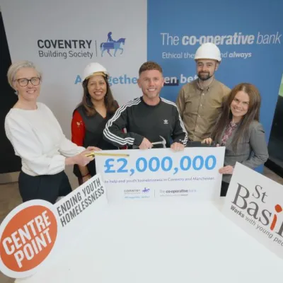 From left to right – Anna Cuskin (Coventry Building Society), Balbir Kaur Chatrik (Centrepoint), Dean McCullough (BBC Radio 1 presenter), Ash West (St Basils), Angela Catlin (The Co-operative Bank)