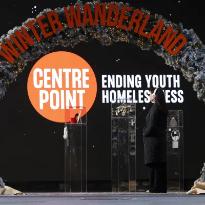 Centrepoint Winter Wanderland installation. A christmas wreath with 'winter wanderland' written across the top of it.