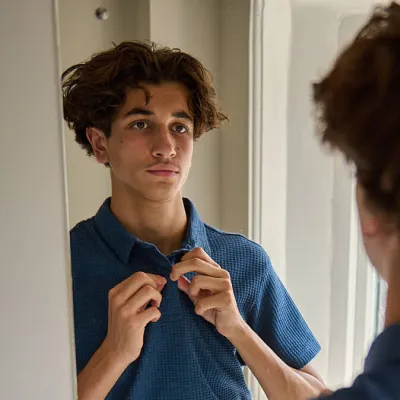 A young person gets dressed in new smart clothes in front of a mirror